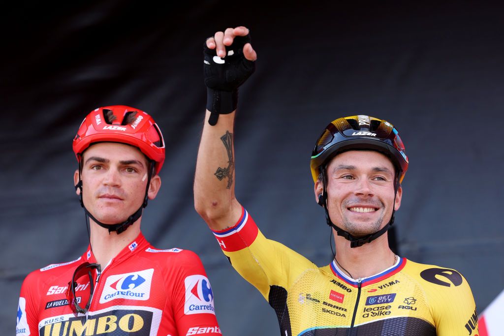 Sepp Kuss with Primoz Roglic at the start of stage 19