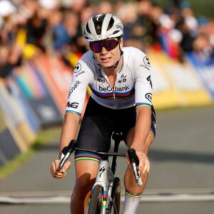 World champion Lotte Kopecky crosses the line in third place at the elite women