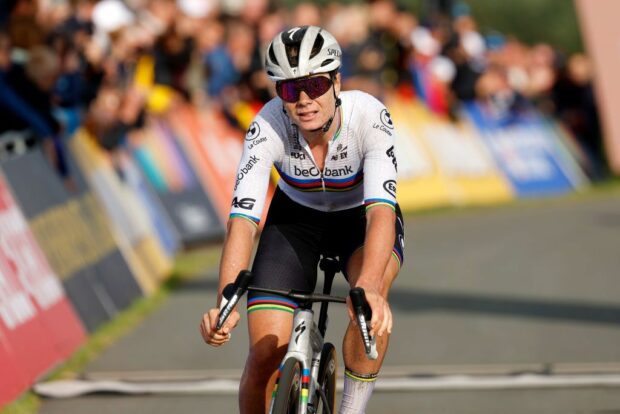World champion Lotte Kopecky crosses the line in third place at the elite women
