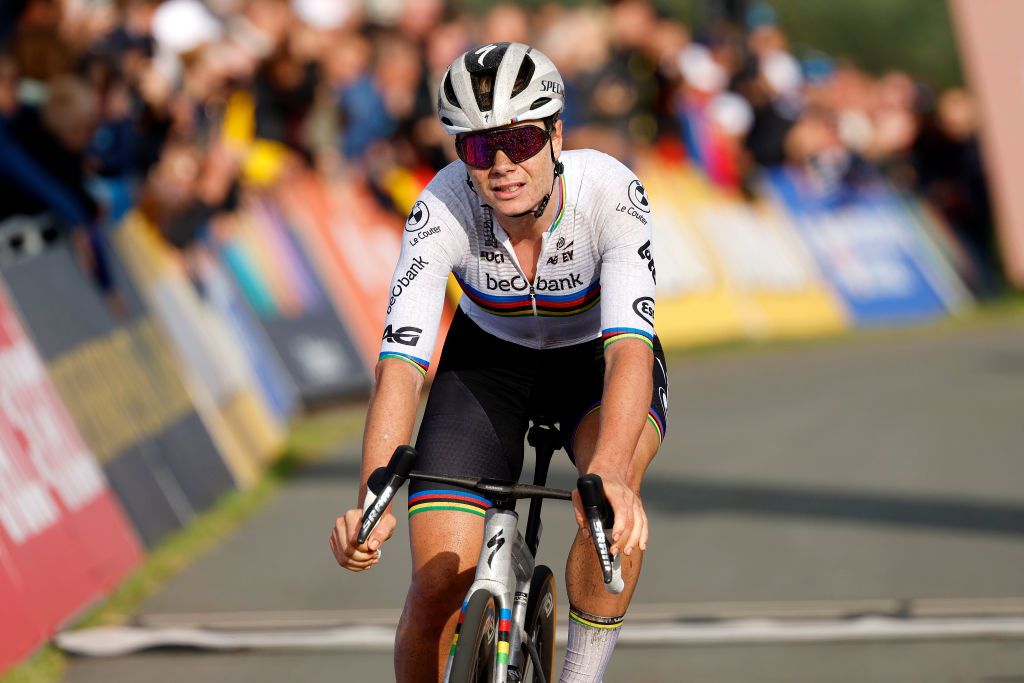 World champion Lotte Kopecky crosses the line in third place at the elite women