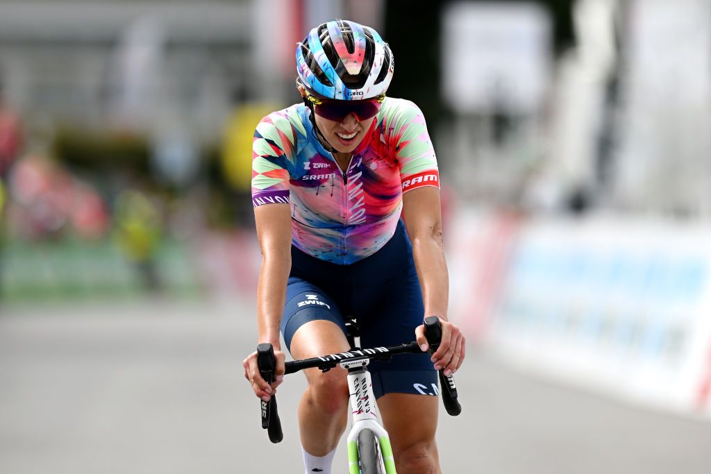 TORGON SWITZERLAND SEPTEMBER 16 Katarzyna Niewiadoma of Poland and CanyonSRAM Racing Team crosses the finish line as second place during the 2nd Tour de Romandie Feminin 2023 Stage 2 a 1108km stage from Romont to Torgon 1097m UCIWWT on September 16 2023 in Torgon Switzerland Photo by Dario BelingheriGetty Images