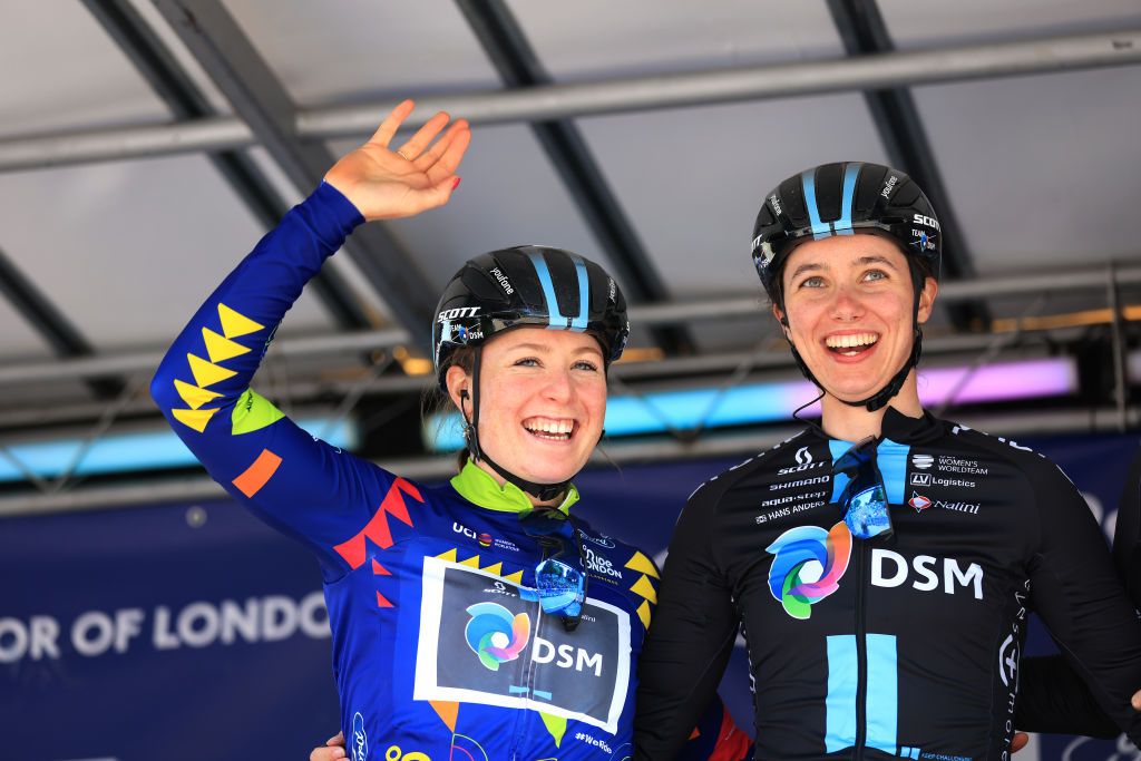 MALDON ENGLAND MAY 27 LR Charlotte Kool of The Netherlands Blue Leader Jersey and Pfeiffer Georgi of The United Kingdom and Team DSM prior to the 6th RideLondon Classique 2023 Stage 2 a 1331km stage from Maldon to Maldon UCIWWT on May 27 2023 in Maldon England Photo by Stephen PondGetty Images