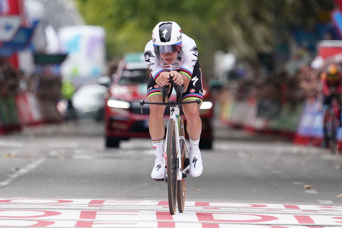 World champion Remco Evenepoel (Soudal-QuickStep) crossed the line as the best of the GC contenders during the stage 10 time trial at the Vuelta a España