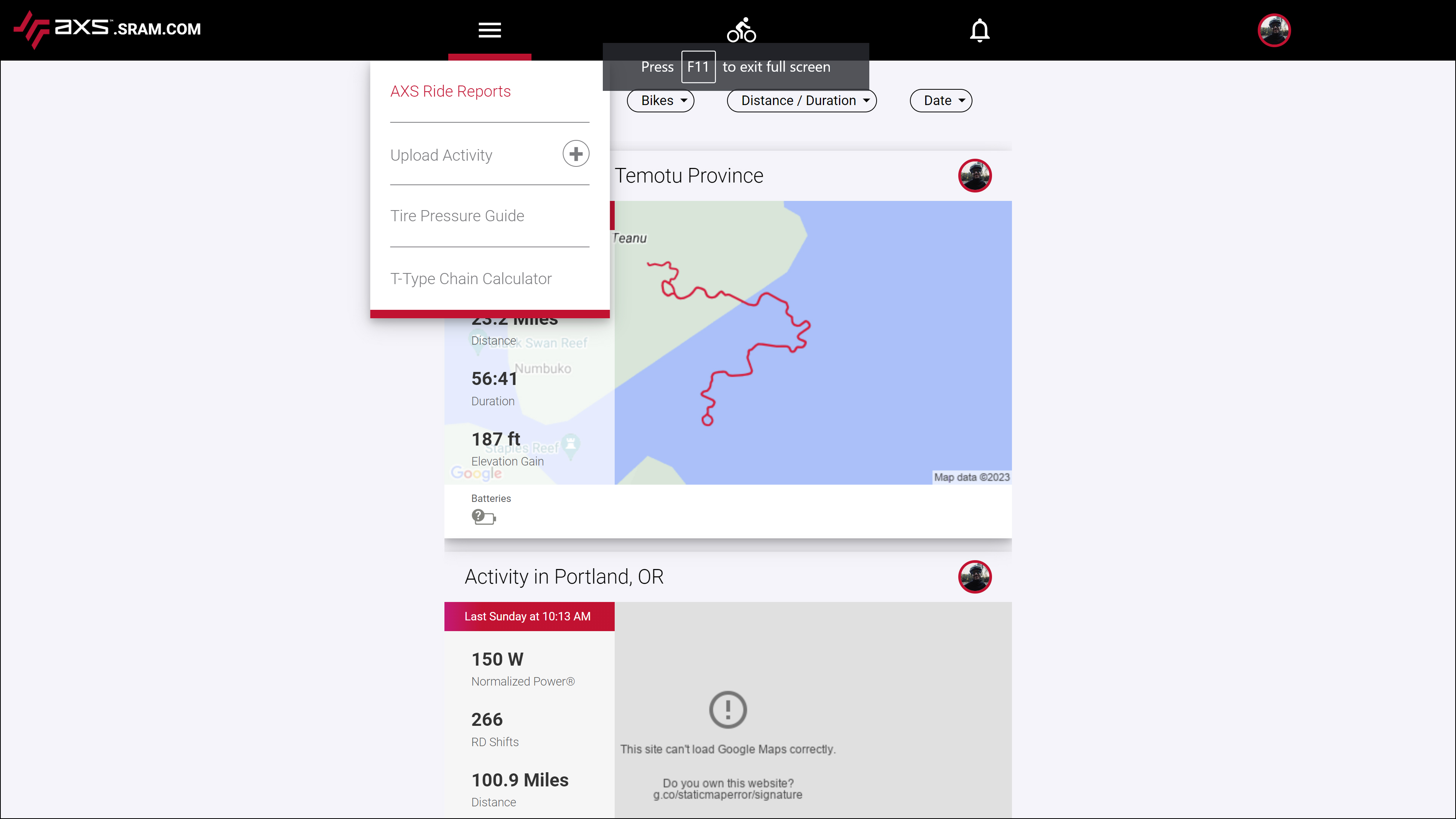 Écran principal Web SRAM AXS