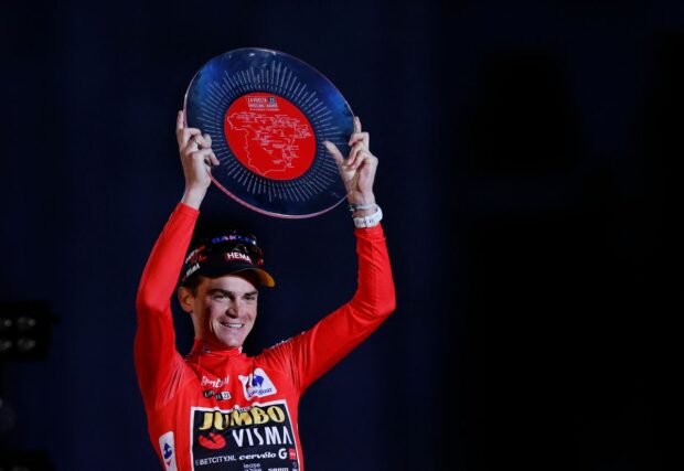 Sepp Kuss celebrates his 2023 Vuelta a España win in Madrid