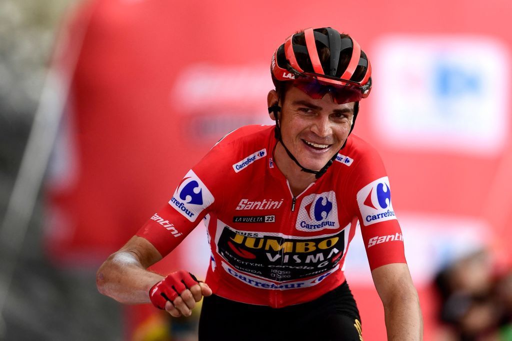 The overall leader Team JumboVismas US rider Sepp Kuss crosses second placed the finish line of the stage 13 of the 2023 La Vuelta a Espana