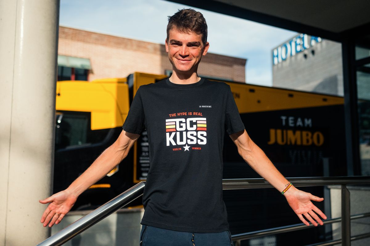 Sepp Kuss in a shirt inspired by social media admirers who started pushing for him to be GC leader in 2022