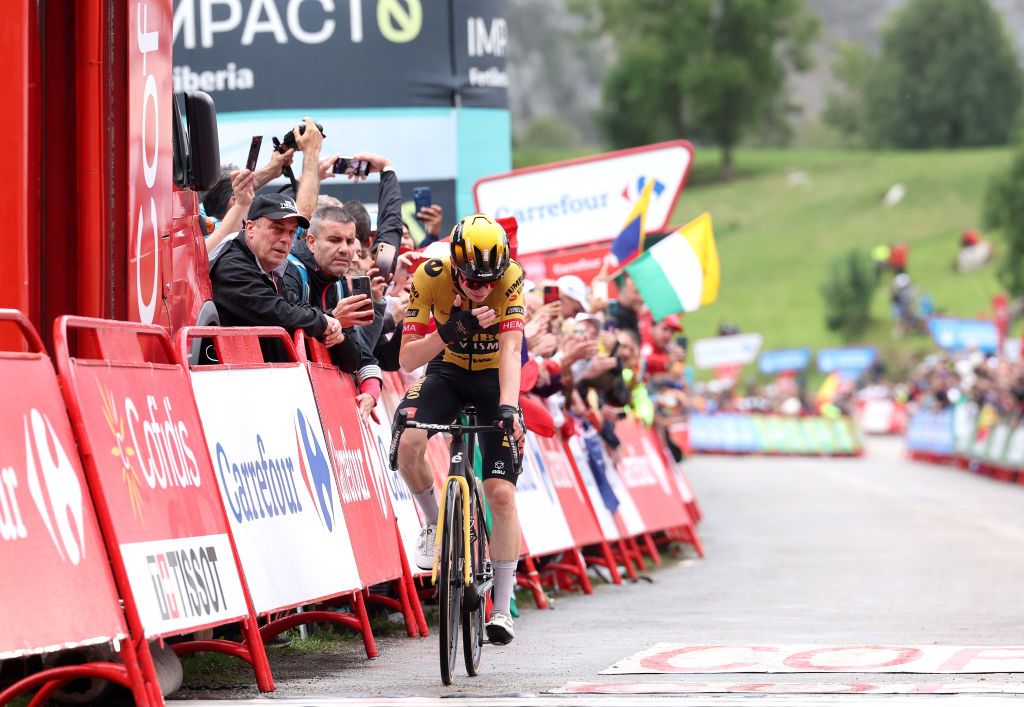 BEJES SPAIN SEPTEMBER 12 Stage winner Jonas Vingegaard of Denmark and Team JumboVisma reacts after the 78th Tour of Spain 2023 Stage 16 a 1201km stage from Liencres to Bejes 528m UCIWT on September 12 2023 in Bejes Spain Photo by Alexander HassensteinGetty Images