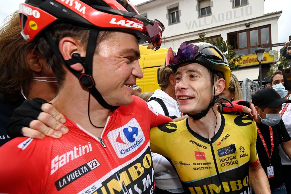 GUADARRAMA SPAIN SEPTEMBER 16 LR Sepp Kuss of The United States Red Leader Jersey final overall winner and Jonas Vingegaard of Denmark and Team JumboVisma celebrate at finish line during the 78th Tour of Spain 2023 Stage 20 a 2078km stage from Manzanares El Real to Guadarrama UCIWT on September 16 2023 in Guadarrama Spain Photo by Tim de WaeleGetty Images