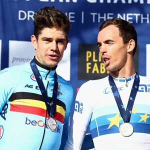 Silver medallist Wout van Aert alongside European champion Christophe Laporte on the podium on Sunday