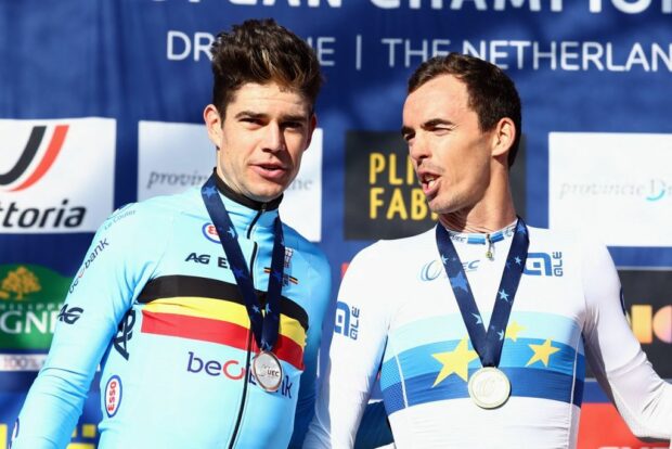 Silver medallist Wout van Aert alongside European champion Christophe Laporte on the podium on Sunday