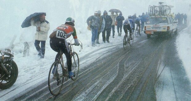 The snowstorm on the climb of Passo Gavia during 1988 Giro d