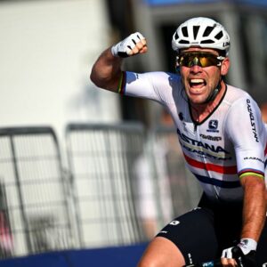 Mark Cavendish celebrates after winning the final stage of the 2023 Giro d