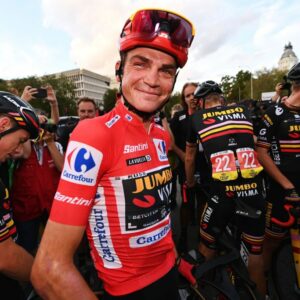 MADRID SPAIN SEPTEMBER 17 Overall race winner Sepp Kuss of The United States and Team JumboVisma Red Leader Jersey reacts after the 78th Tour of Spain 2023 Stage 21 a 1015km stage from Hipdromo de la Zarzuela to Madrid Paisaje de la Luz UCIWT on September 17 2023 in Madrid Spain Photo by Tim de WaeleGetty Images