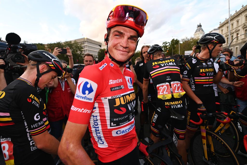 MADRID SPAIN SEPTEMBER 17 Overall race winner Sepp Kuss of The United States and Team JumboVisma Red Leader Jersey reacts after the 78th Tour of Spain 2023 Stage 21 a 1015km stage from Hipdromo de la Zarzuela to Madrid Paisaje de la Luz UCIWT on September 17 2023 in Madrid Spain Photo by Tim de WaeleGetty Images