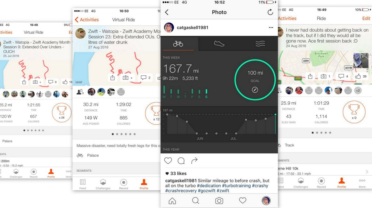 Quatre captures d'écran du Strava de Cat Glowinski montrant les progrès avec une épaule cassée
