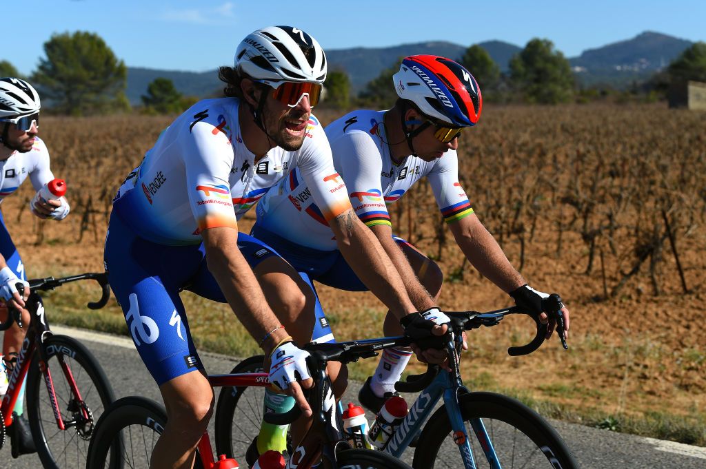 LA SEYNESURMER FRANCE FEBRUARY 18 LR Daniel Oss of Italy and Peter Sagan of Slovakia and Team Total Energies during the 54th Tour Des Alpes Maritimes Et Du Var 2022 Stage 1 a 176km stage from Saint Raphal to La SeynesurMer TDHV22 on February 18 2022 in La SeynesurMer France Photo by Dario BelingheriGetty Images