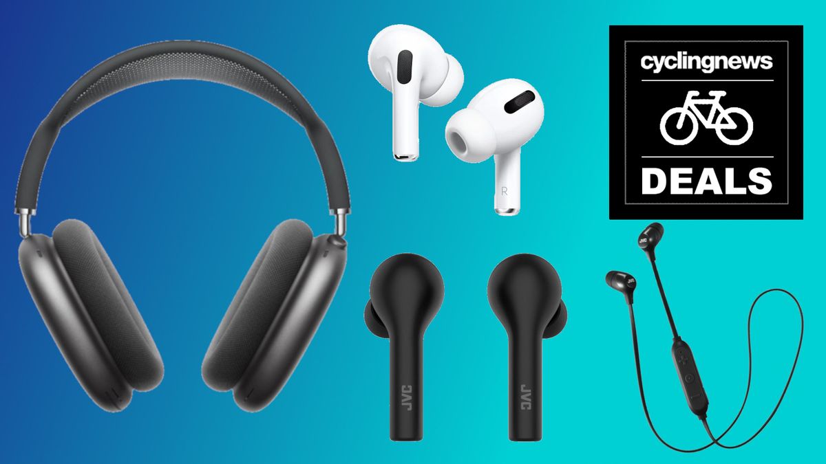 Images of headphones on a blue background, with a deals badge in the corner