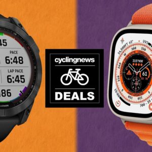 A Garmin Fenix watch and an Apple Watch Ultra stand either side of a deals badge