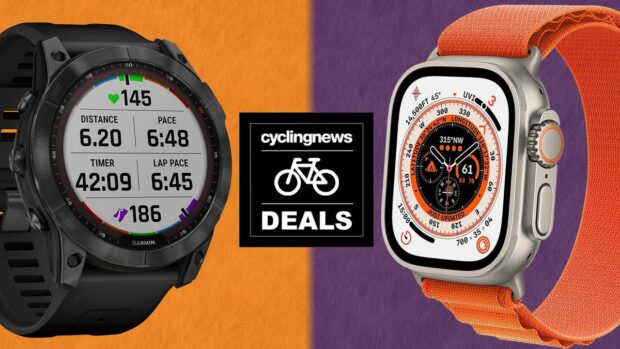 A Garmin Fenix watch and an Apple Watch Ultra stand either side of a deals badge