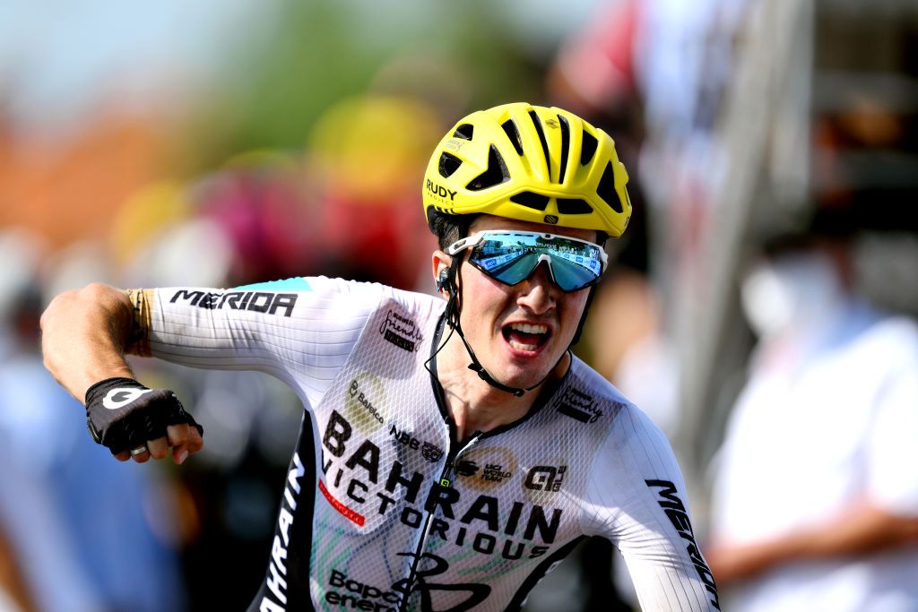 ISSOIRE FRANCE JULY 11 Pello Bilbao of Spain and Team Bahrain Victorious celebrates at finish line as stage winner during the stage ten of the 110th Tour de France 2023 a 1672km stage from Vulcania to Issoire UCIWT on July 11 2023 in Issoire France Photo by David RamosGetty Images