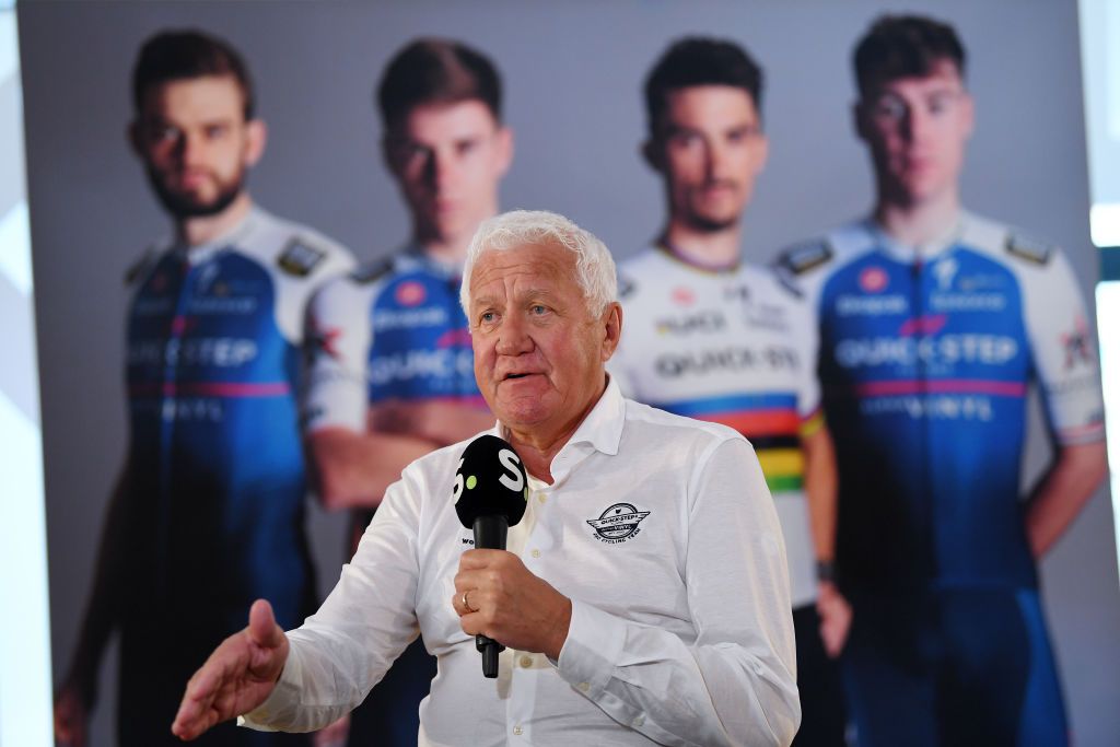 CALPE SPAIN JANUARY 10 Patrick Lefevere of Belgium CEO Team manager speaks to the media press during the QuickStep Alpha Vinyl Team 2022 Media Day on January 10 2022 in Calpe Spain Photo by Tim de WaeleGetty Images