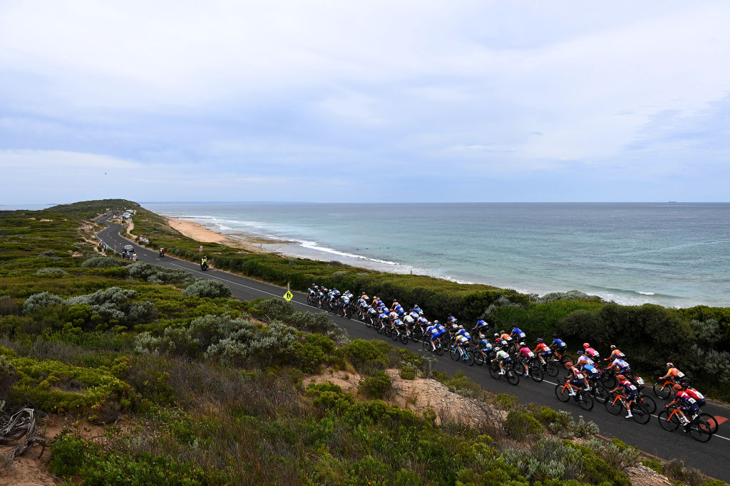 GEELONG AUSTRALIE 28 JANVIER Une vue générale du peloton en compétition sur la treizième plage lors de la 7e Cadel Evans Great Ocean Road Race 2023 Womens Elite, une course d'une journée de 1408 km de Geelong à Geelong CadelRoadRace UCIWWT le 28 janvier 2023 à Geelong Australie Photo de Tim de WaeleGetty Images