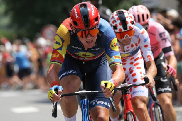 Mads Pedersen pulling on the front at the 2023 Tour de France for Giulio Ciccone