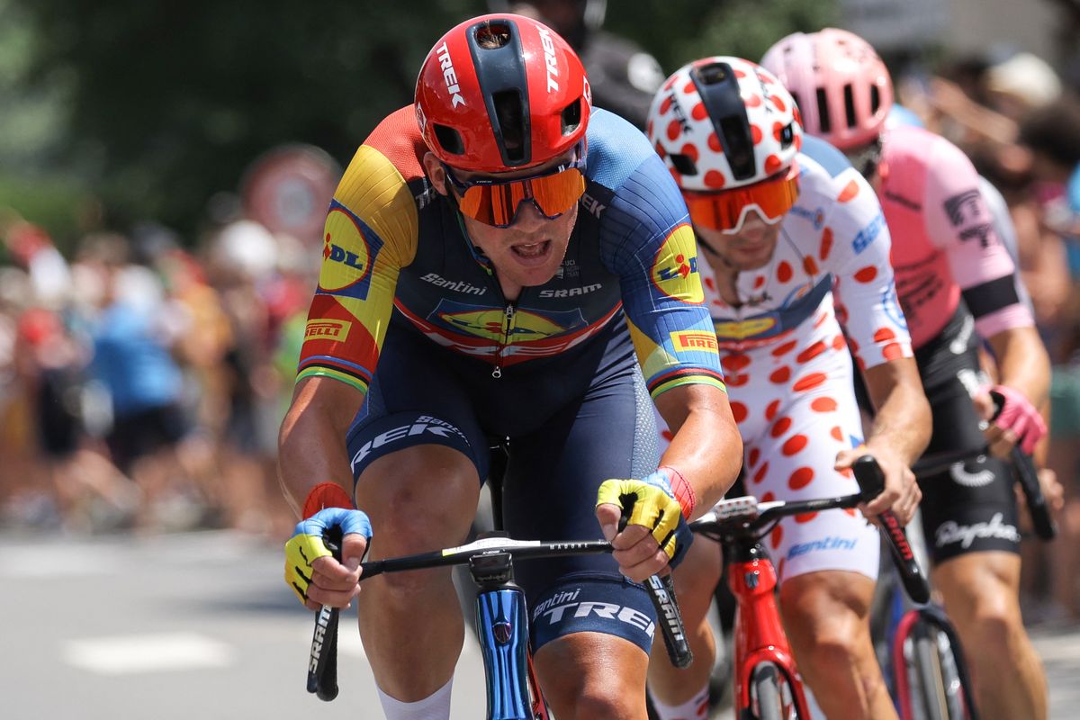 Mads Pedersen pulling on the front at the 2023 Tour de France for Giulio Ciccone