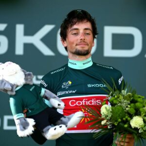 Victor Lafay in the green jersey following his early stage win at the 2023 Tour de France
