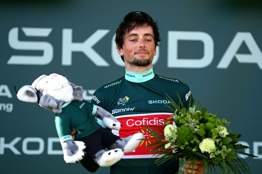 Victor Lafay in the green jersey following his early stage win at the 2023 Tour de France