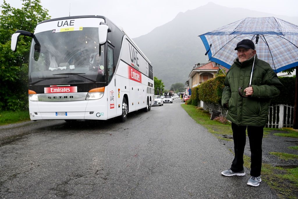 The UAE Team bus at the Giro d