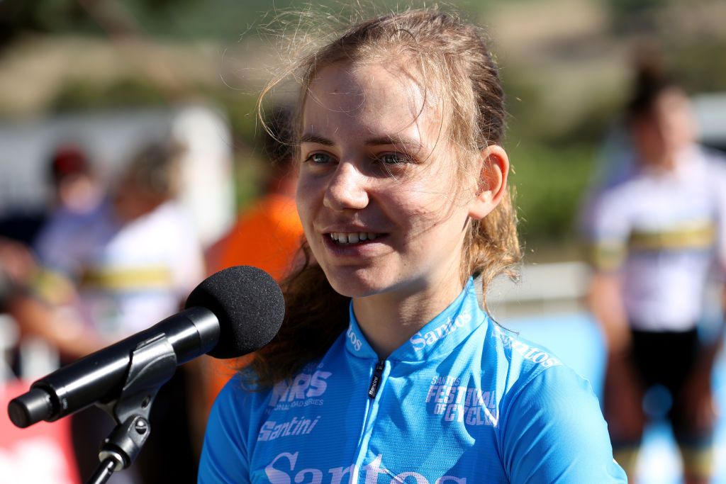 Sarah Gigante in 2021 at the Santos Festival of Cycling where she delivered an attention grabbing winning performance at the domestic replacement race for the COVID-19 pandemic cancelled Tour Down Under