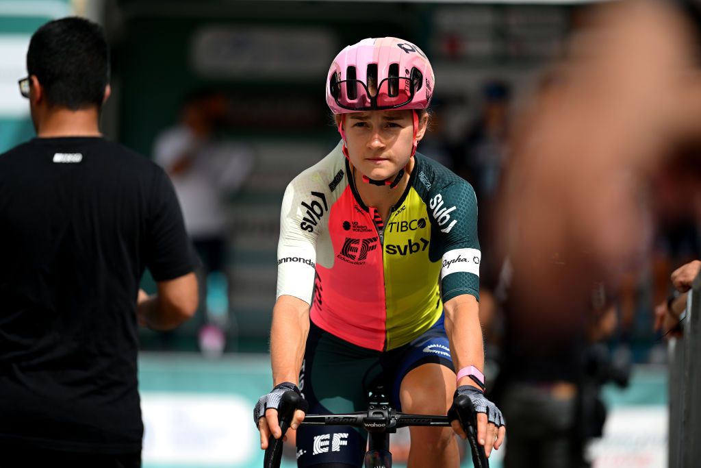 SASSARI ITALY JULY 09 Veronica Ewers of The United States and Team EF EducationTibcoSvb prior to the 34th Giro dItalia Donne 2023 Stage 9 a 12685km stage from Sassari to Olbia UCIWWT on July 09 2023 in Sassari Italy Photo by Dario BelingheriGetty Images