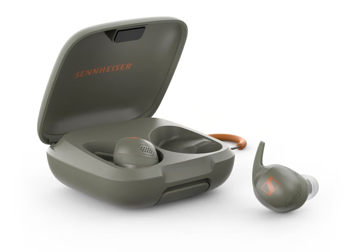 Sennheiser 4 Momentum Sport wireless headphones sit in their case on a white background