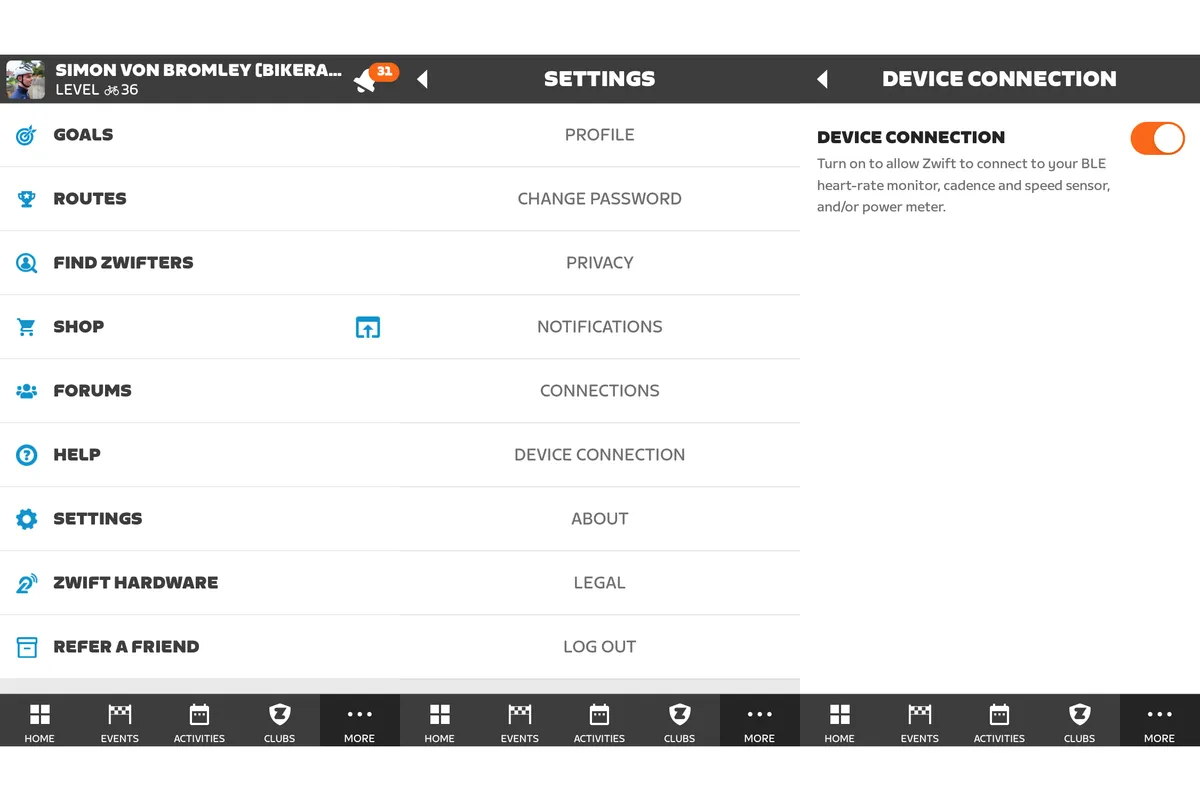 Graphique Zwift montrant les paramètres de connexion de l'appareil.