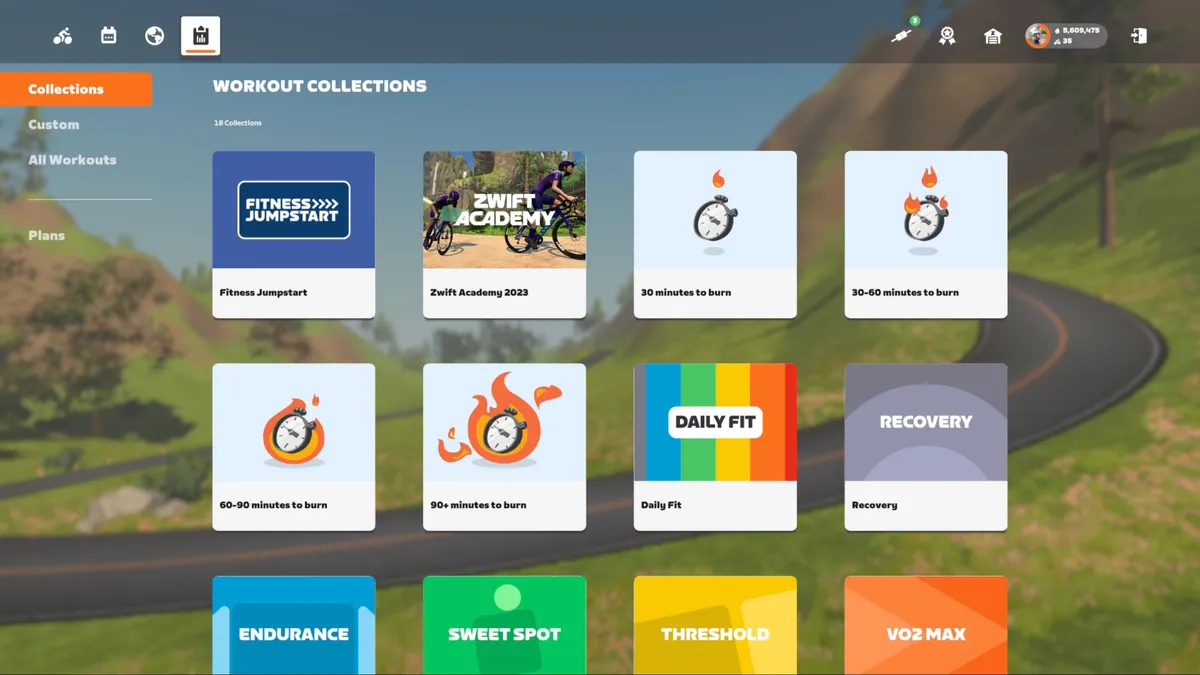 Capture d'écran montrant les collections d'entraînement dans Zwift.