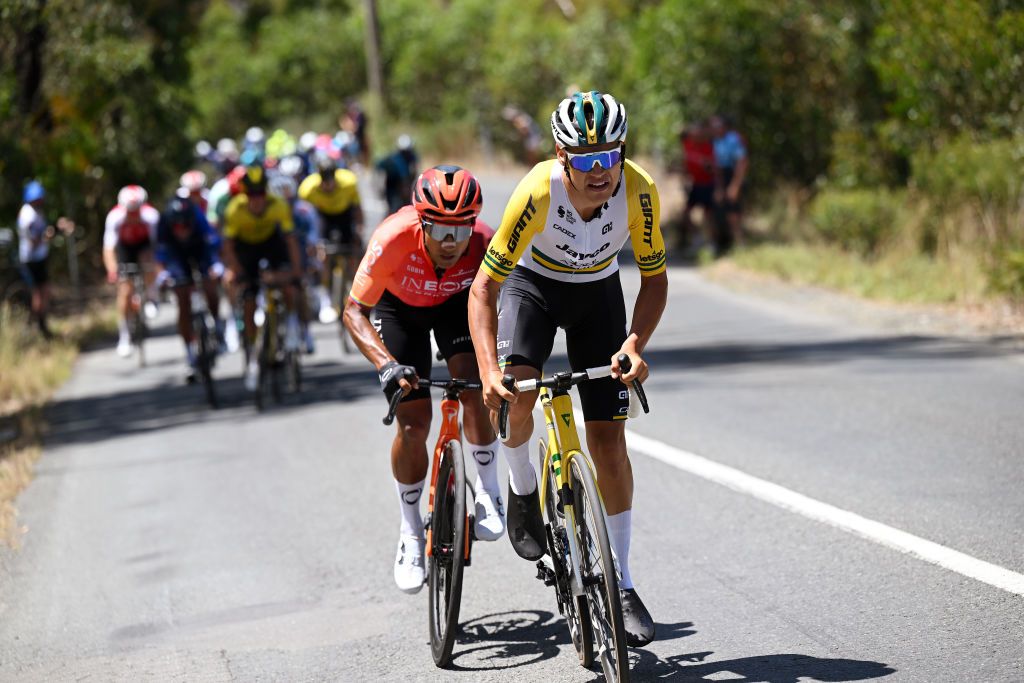 LOBETHAL AUSTRALIA JANUARY 17 LR Jhonatan Narvaez of Ecuador and Team INEOS Grenadiers and Luke Plapp of Australia and Team Jayco AlUla compete in the breakaway during the 24th Santos Tour Down Under 2024 Stage 2 a 1416km stage from Norwood to Lobethal 413m UCIWT on January 17 2024 in Lobethal Australia Photo by Tim de WaeleGetty Images