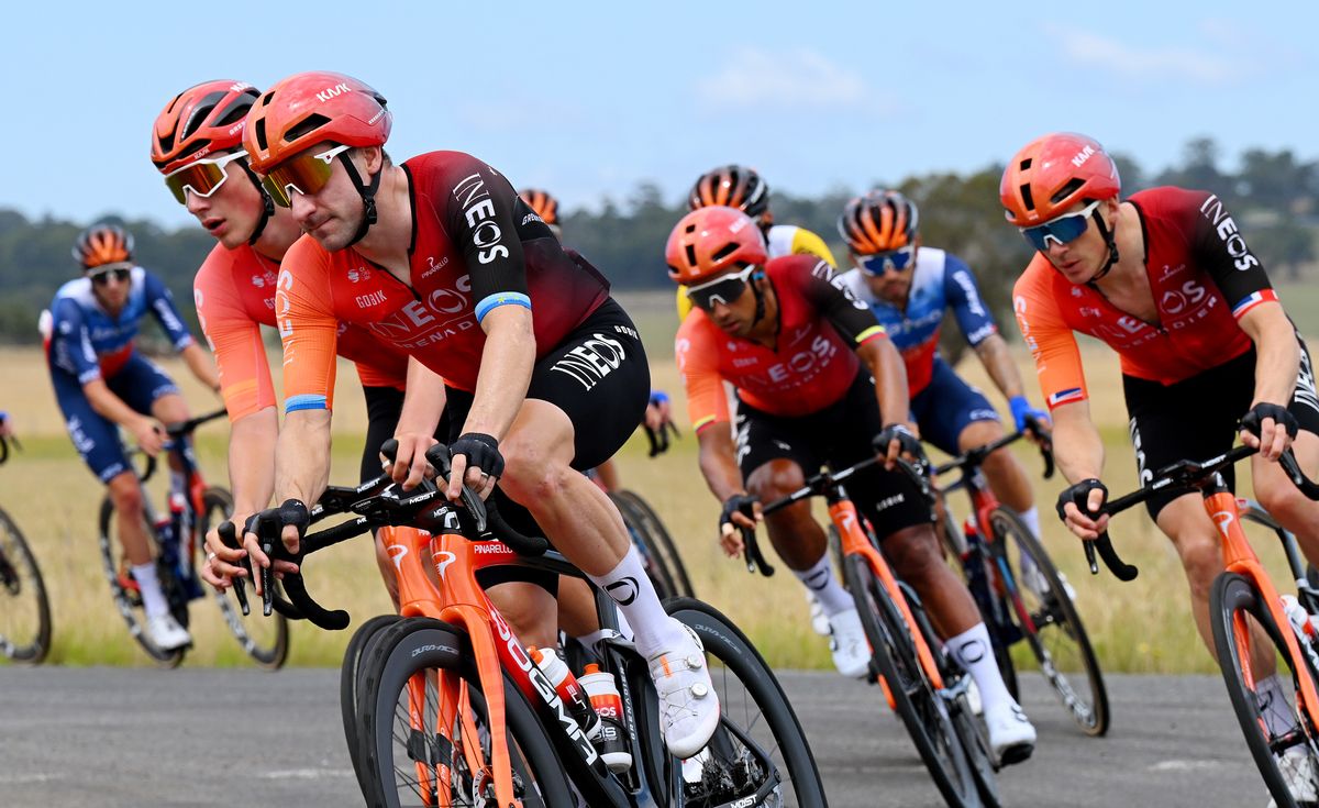 Elia Viviani with his Ineos Grenadiers teammates at the 2024 Surf Coast Classic