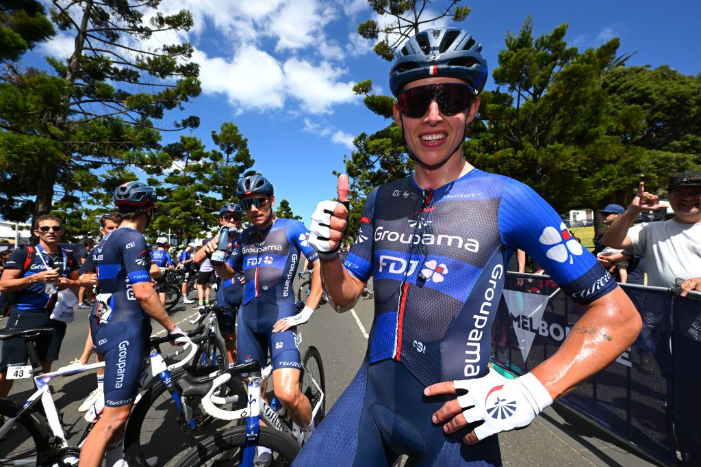 GEELONG AUSTRALIA JANUARY 28 Race winner Laurence Pithie of New Zealand and Team GroupamaFDJ reacts after the 8th Cadel Evans Great Ocean Road Race 2024 Mens Elite a 1743km one day race from Geelong to Geelong UCIWT on January 28 2024 in Geelong Australia Photo by Tim de WaeleGetty Images