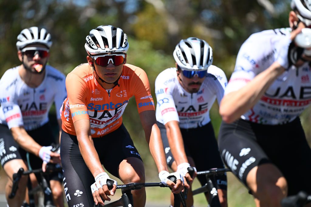 Isaac Del Toro with his UAE Team Emirates teammates at the Tour Down Under