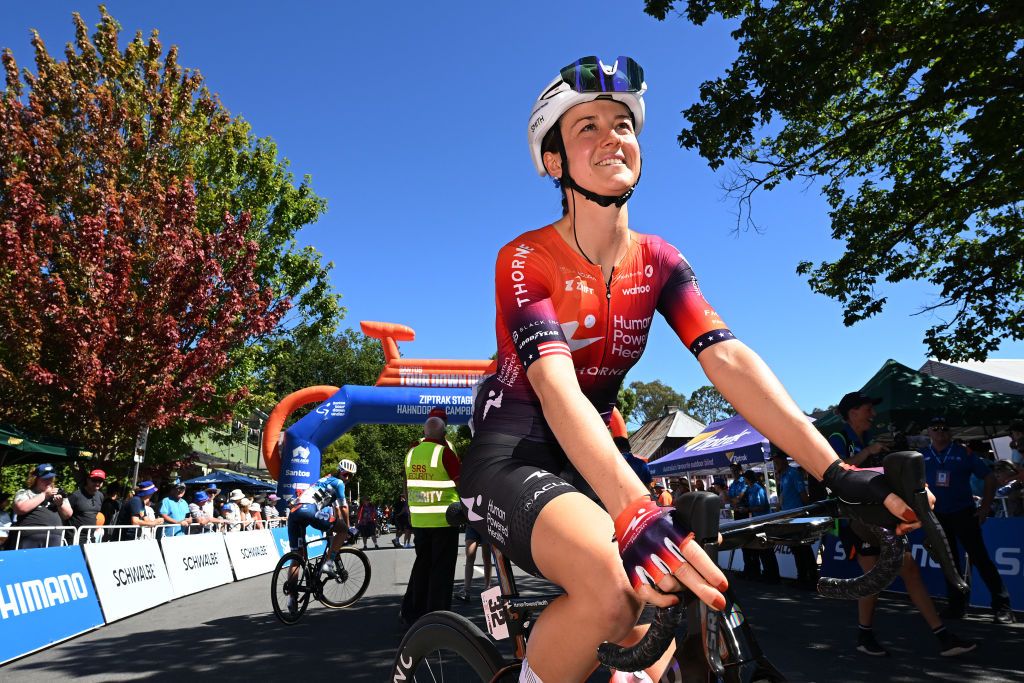 Ruth Edwards (Human Powered Health) gets ready to line up in Hahndorf for stage 1 of the Santos Women
