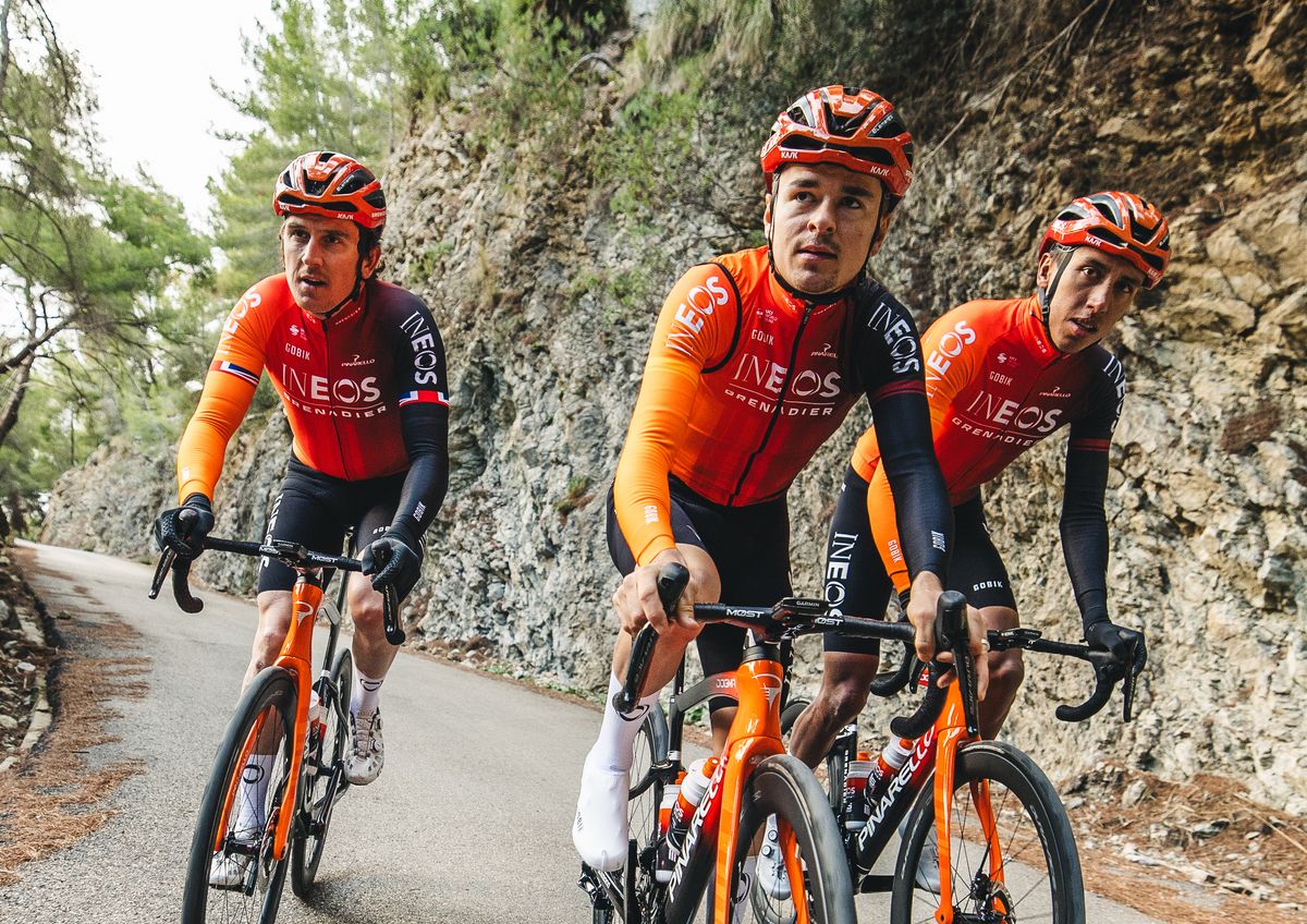 Geraint Thomas, Tom Pidcock and Egan Bernal show off the new Ineos Grenadiers colours