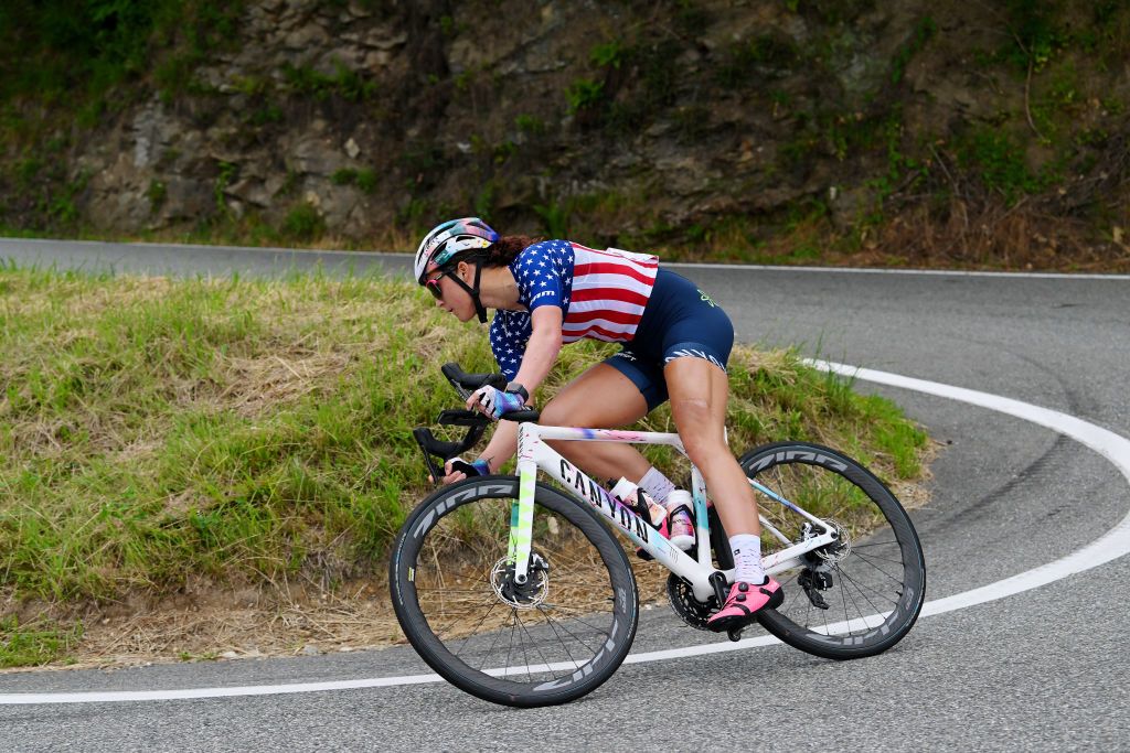 CERES ITALY JULY 04 Chloe Dygert of The United States and Team CanyonSRAM Racing competes during the 34th Giro dItalia Donne 2023 Stage 5 a 1056km stage from Salassa to Ceres UCIWWT on July 04 2023 in Ceres Italy Photo by Dario BelingheriGetty Images