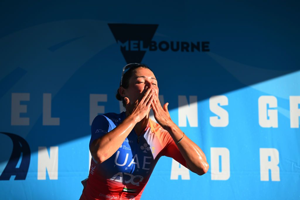 GEELONG AUSTRALIA JANUARY 24 Sofia Bertizzolo of Italy and UAE Team Adq celebrates at podium as race winner during the 1st Geelong Classic 2024 Womens Elite a 50km one day race on January 24 2024 in Geelong Australia Photo by Tim de WaeleGetty Images