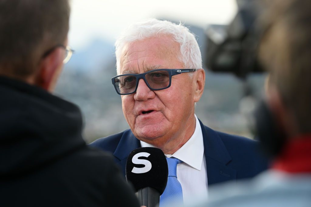 Patrick Lefevere, CEO Team manager of Team Soudal-QuickStep, meets the media press during the team presentation