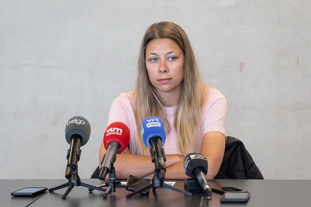 Belgian cyclist Shari Bossuyt holds a press conference concerning her positive doping test in Zwevegem on June 5 2023 Bossuyt 22 delivered a positive check during a doping test on March 19 after winning stage three in the Tour of Normandy in Caen Shwe is temporarily suspended by her team CanyonSram Racing team The test conducted by the French antidoping agency AFLD found traces of letrozole metabolite in her urine