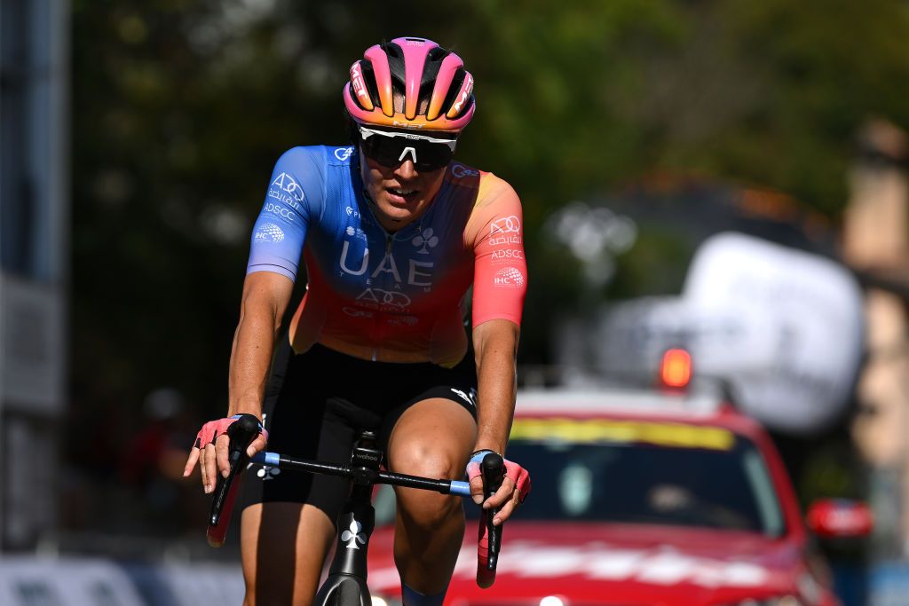 SAN LUCA BOLOGNA ITALY SEPTEMBER 30 Sofia Bertizzolo of Italy and UAE Team ADQ crosses the finish line during the 10th Giro dellEmilia Internazionale Donne Elite 2023 a 1035km one day race from Carpi to Bologna San Luca 267m on September 30 2023 in Bologna San Luca Italy Photo by Dario BelingheriGetty Images