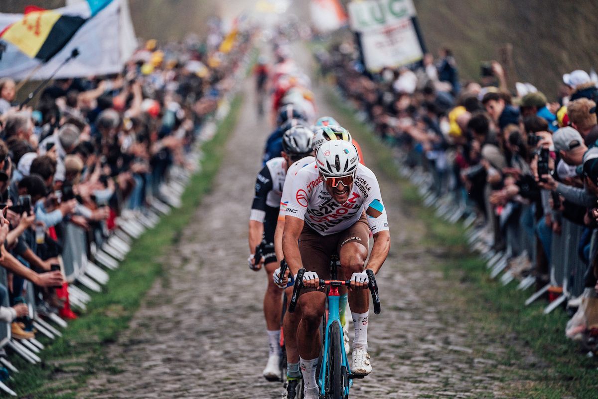 Greg Van Avermaet in his old guise as a road racer for AG2R Citroën on the cobbles of Paris-Roubaix