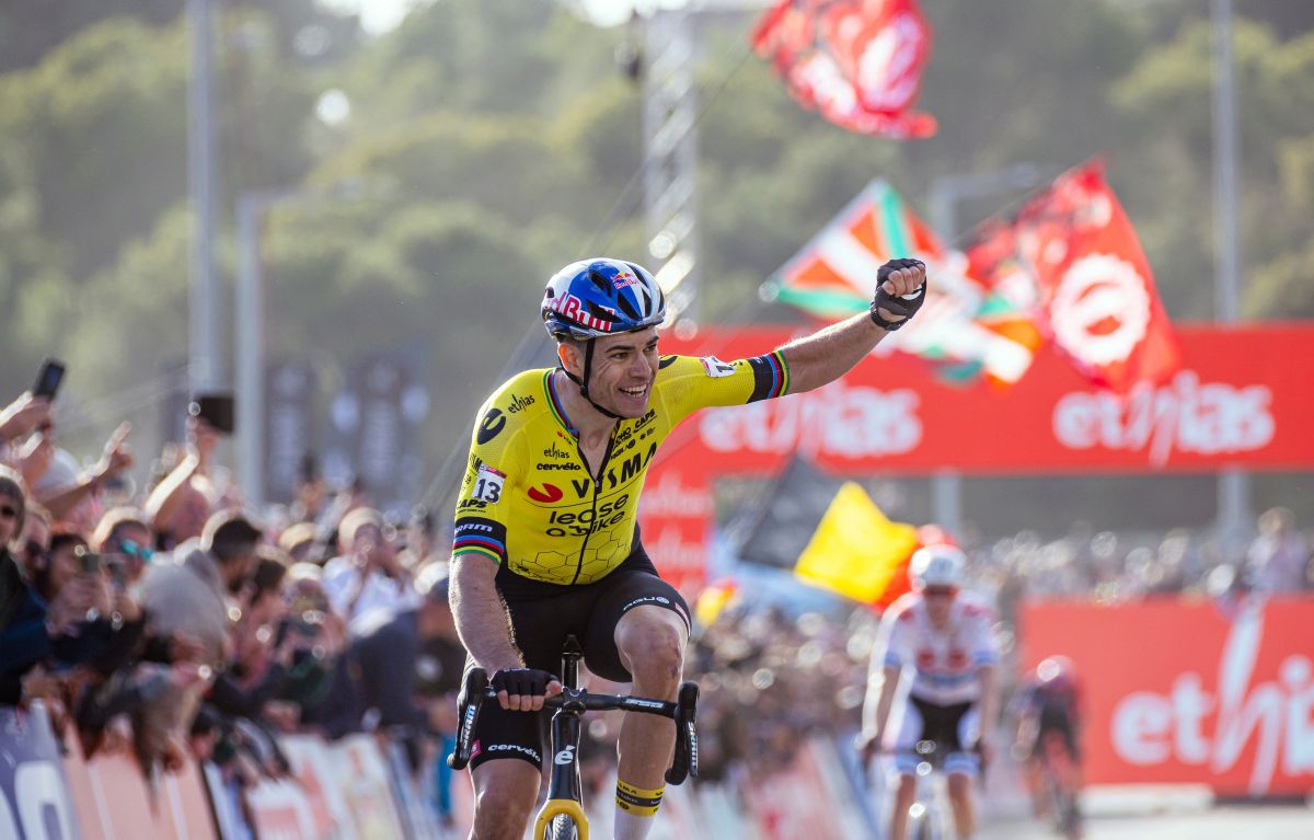 Wout van Aert crosses the line solo to win the Benidorm Cyclocross World Cup